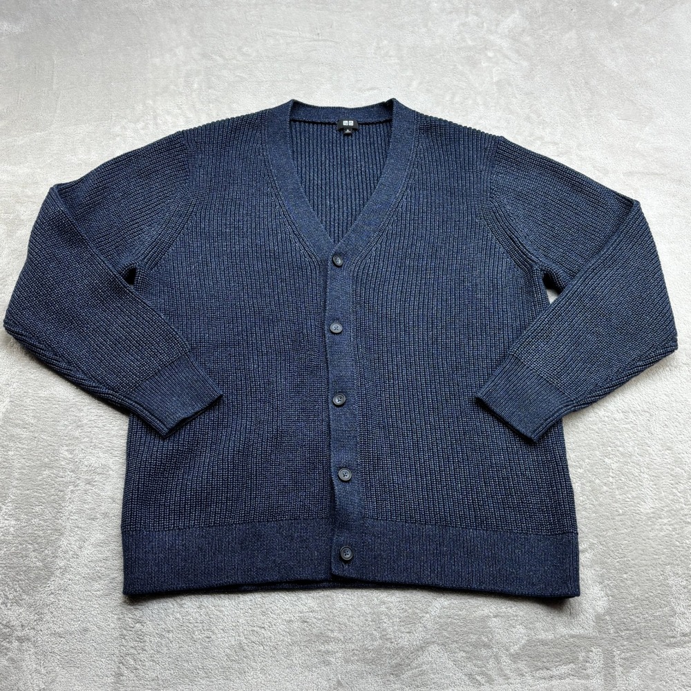 Uniqlo Cardigan Women XL Blue Marled Knit Oversized Normcore Preppy Casual Chic